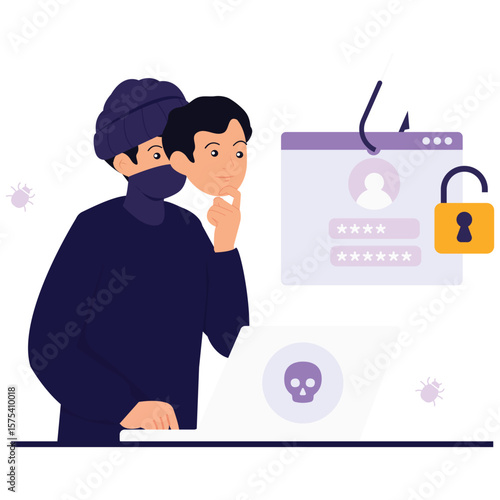 Cyber Crime Illustration. Vector illustration of A hacker uses a fake face mask to impersonate a victim and steal their login credentials online. Isolated on background