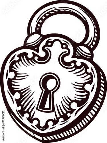 Antique heart shaped padlock with ornate decorative details and keyhole illustration