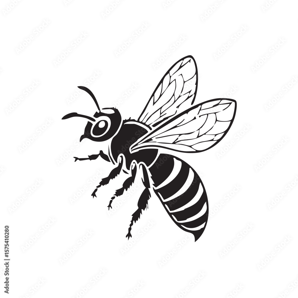 Obraz premium Honeybee Silhouette: A stylized silhouette of a honeybee in flight, showcasing its intricate wings and segmented body. Perfect for designs related to nature, sweetness, and industry.