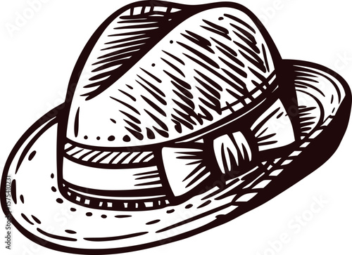 Vintage hand drawn fedora hat with ribbon isolated on white background engraved classic headwear illustration