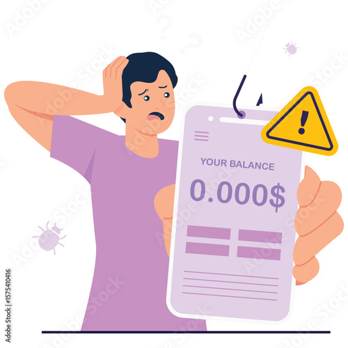 Cyber Crime Illustration. Vector illustration of A man reacts in shock to an empty balance caused by a phishing scam on his mobile banking app. Isolated on background
