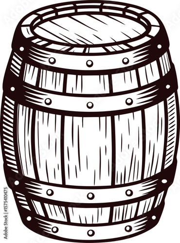 Hand drawn wooden barrel isolated on white vintage engraved sketch illustration of rustic container