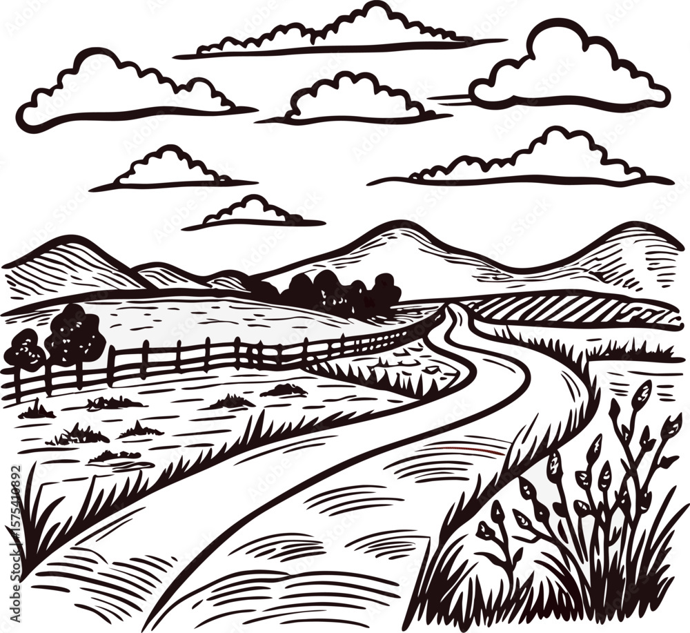 Fototapeta premium Curving rural road with wooden fence, clouds, distant mountains, and wildflowers in vintage engraved illustration
