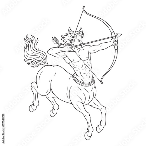 Line art of a centaur archer aiming bow and arrow forward