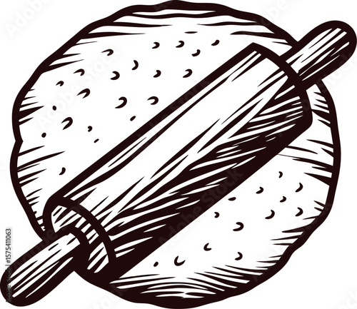 Vintage hand drawn rolling pin and dough illustration isolated on white background, rustic bakery kitchen design