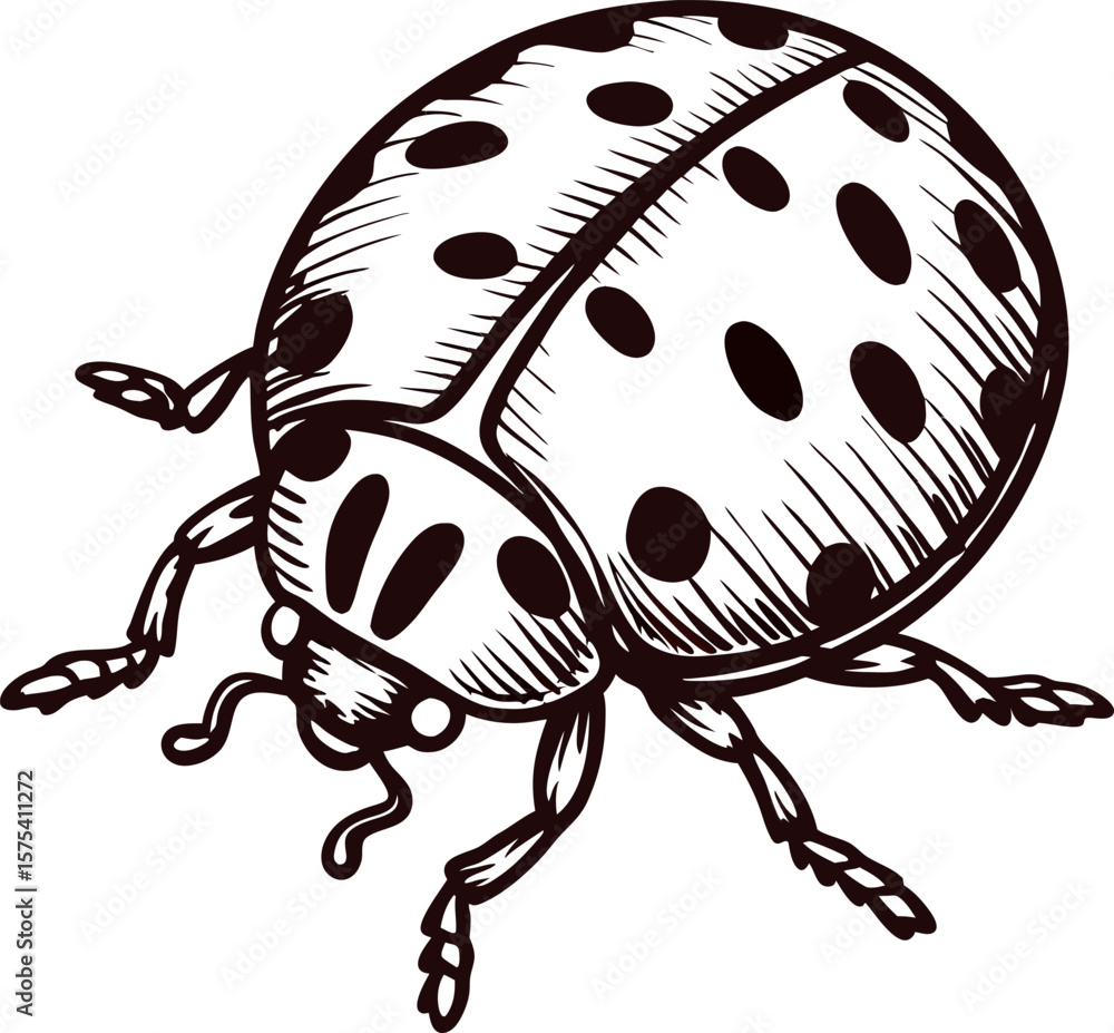 Fototapeta premium Detailed hand drawn illustration of a ladybug beetle isolated on white background in vintage engraving