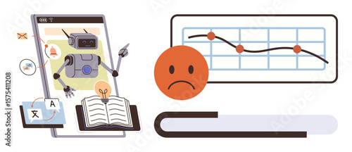 Robot emerging from tablet analyzing books, data charts, unhappy face, falling trend. Ideal for AI education, technology challenges, analytics issues, online learning, system failures innovation