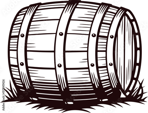 Vintage wooden barrel lying on grass hand drawn engraved illustration with rustic lines and classic details
