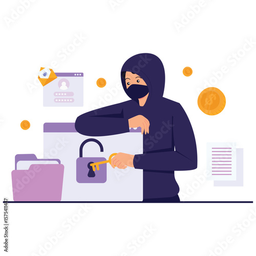 Cyber Crime Illustration. Vector illustration of A masked hacker uses a key to unlock secured data and breach sensitive information. Isolated on background