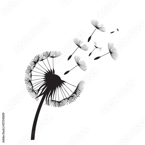 Black silhouette of a dandelion with seeds blowing in the wind