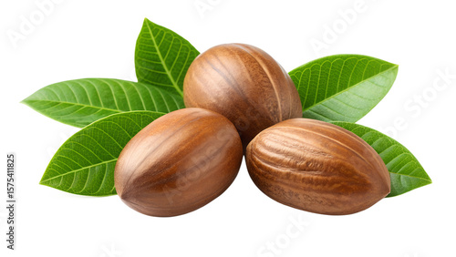 Three natural shea nuts with vibrant green leaves on a clean white background