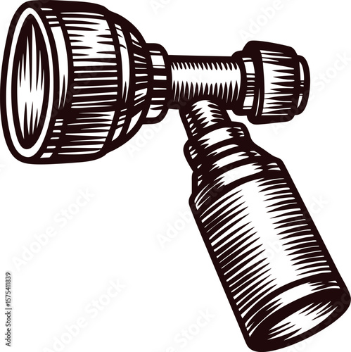 Vintage engraved drawing of a blowtorch tool with detailed handle and nozzle, isolated on white background