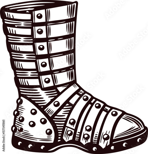 Hand drawn roman gladiator sandal boot engraved antique armor footwear with straps and metal studs illustration