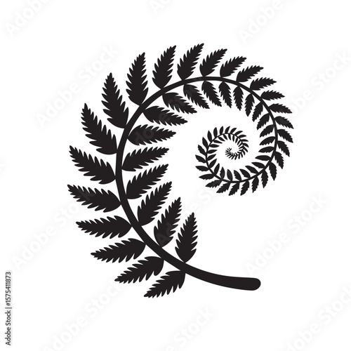 Black silhouette of a fern frond unfurling in a fibonacci spiral pattern