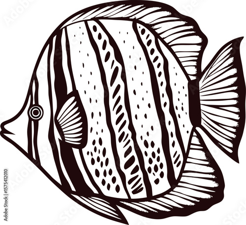 Intricate hand drawn angelfish illustration with detailed fins and bold stripes in vintage engraving