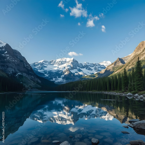 Alaska mountain range wilderness nature landscape snowy mountains wallpaper in realistic photography style, dramatic perspective with reflection in icy lake foreground