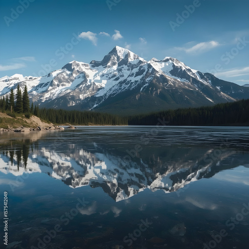 Alaska mountain range wilderness nature landscape snowy mountains wallpaper in realistic photography style, dramatic perspective with reflection in icy lake foreground