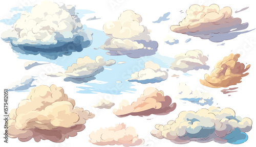 Cartoon clouds in a blue sky with soft colors and simple shapes