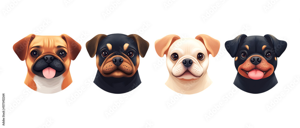 Obraz premium Pack Collection Cute Dog Breeds Pug Rottweiler Bulldog Portraits set against transparent background