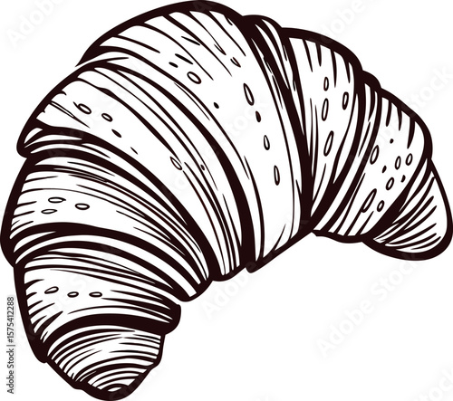 Hand drawn illustration of a croissant with detailed lines and textured shading isolated on white background