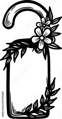 Hand drawn hotel door hanger with floral botanicals and leaves in vintage engraving illustration