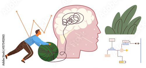 Person untangling yarn connected to a brain diagram, greenery, and workflow chart. Ideal for problem-solving, mental clarity, self-improvement, productivity, mindfulness, innovation simple flat