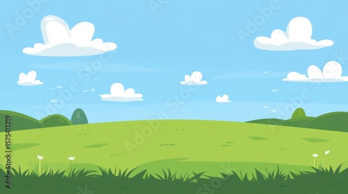 Cartoon landscape of a grassy field under a clear blue sky