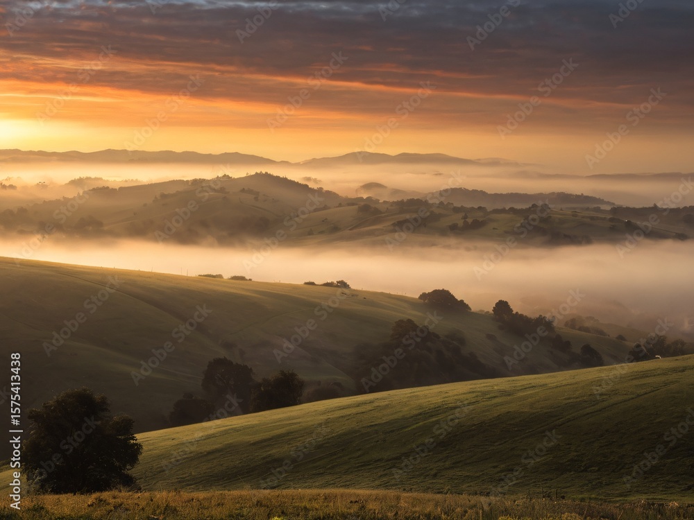 Obraz premium Misty valleys, rising sun, tranquil dawn.