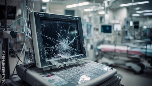 Medical device in a hospital with a cracked screen, showing the potential consequences of malfunction.