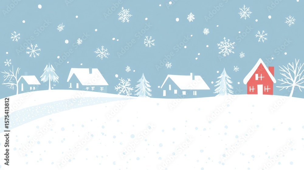 Fototapeta premium Winter village scene with falling snow