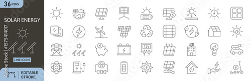 Solar Energy editable line icons set. Includes icons for solar panel, sun, renewable energy, electricity, battery, power generation, and eco-friendly system. Editable stroke. Perfect for infographics.