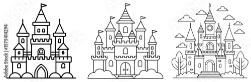 Fairytale Castle Coloring Book Page Outline Design