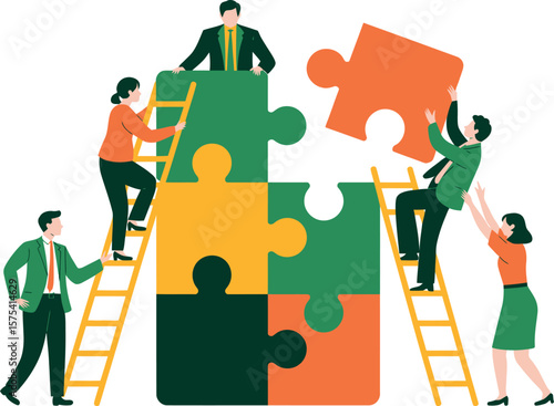 Illustration of people collaborating to assemble a large puzzle with ladders on a white background
