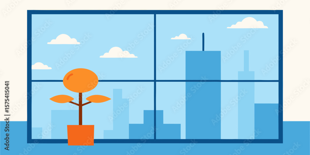 Naklejka premium Night city landscape vector illustration with urban buildings and a tree silhouette under a cloudy sky