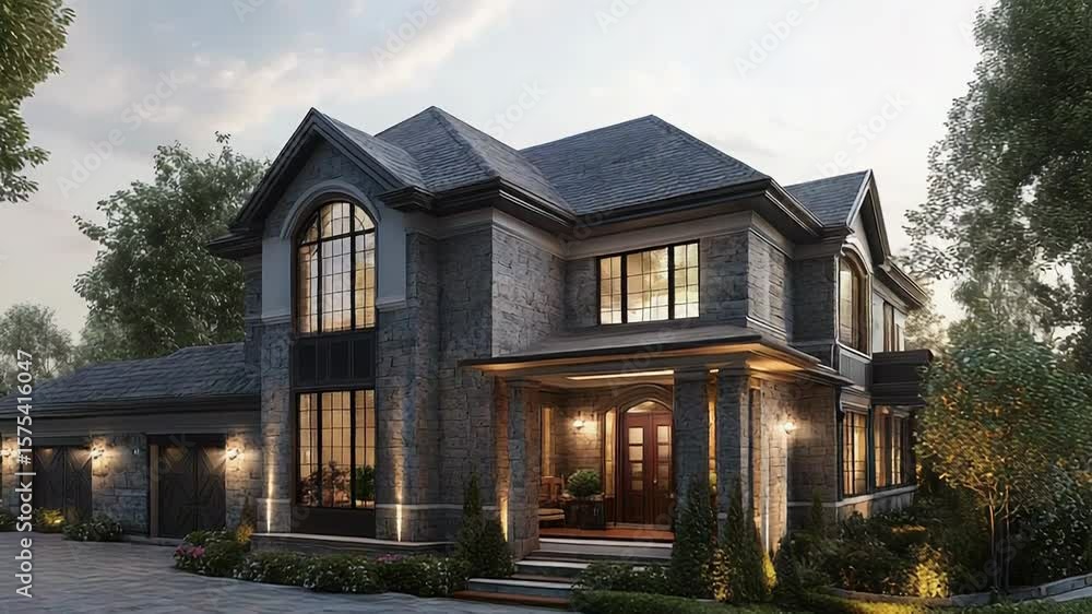 Luxurious stone and brick suburban house with illuminated garden at dusk Luxurious stone and brick suburban house with illuminated garden at dusk