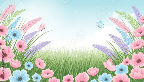 Pastel pink, blue, and lavender flowers bloom amidst lush green grass, with butterflies fluttering nearby under a bright sky.