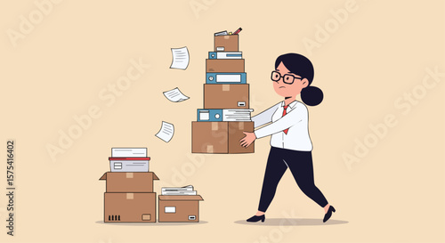 Woman Overwhelmed with Stack of Moving Boxes and Documents

