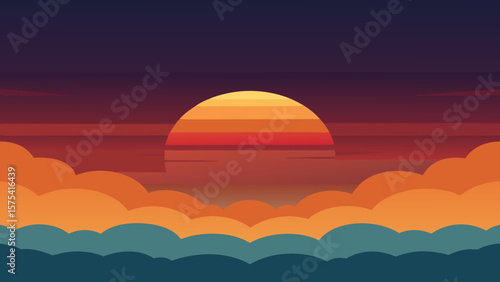 Sunrise and sunset over the tranquil sea and ocean landscape with beautiful orange and red clouds reflecting on the water, painting the sky with the light of dusk and dawn