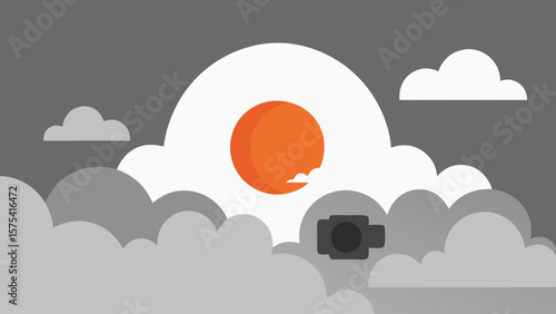 Cloud computing concept with cloud icons in a blue sky window, symbolizing internet technology and data network communication