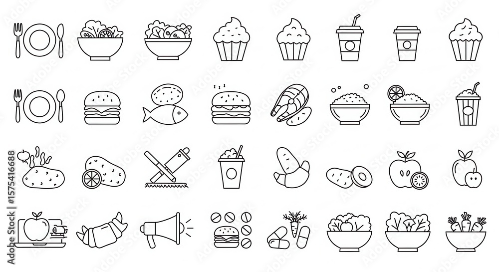 Photo of collection of food icons, from healthy meals to sweet treats Photo of collection of food icons, from healthy meals to sweet treats