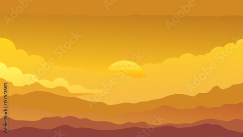 Golden sun dips behind mountains, painting the sky in orange and yellow hues, a beautiful sunset landscape silhouetted against clouds and mist