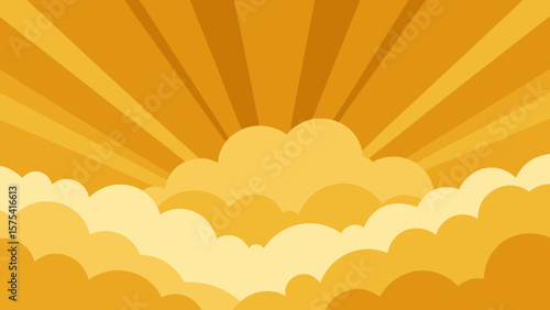 Bright orange and blue sky illustration with summer sun rays and light clouds