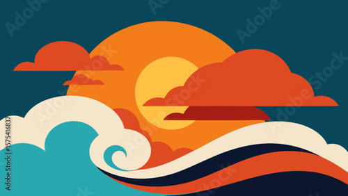 Sunrise over a serene summer ocean with a solitary boat, vector illustration