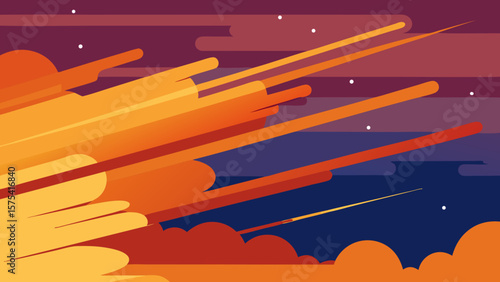 Abstract grunge vector illustration featuring a dramatic orange and red sunset cloudscape with a beautiful, bright sky