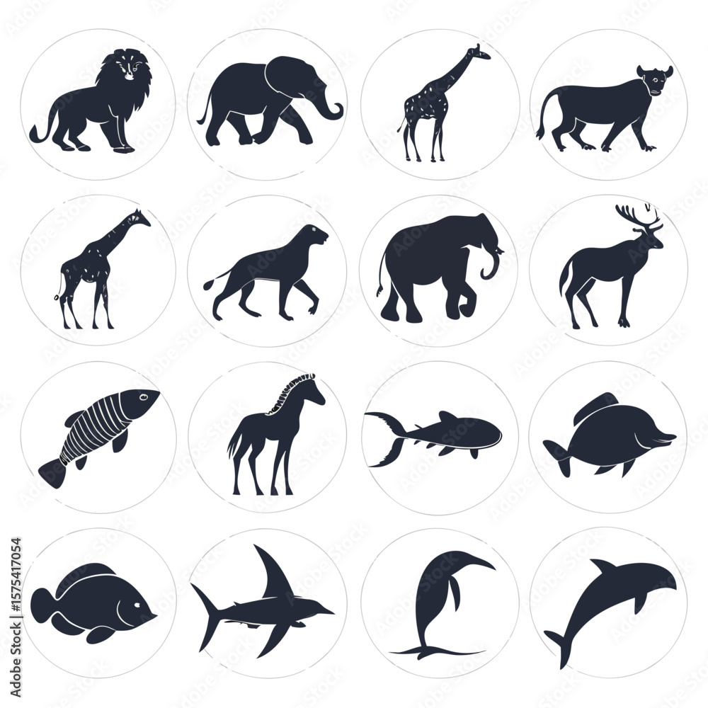 Naklejka premium Collection of diverse animal silhouettes isolated on white background