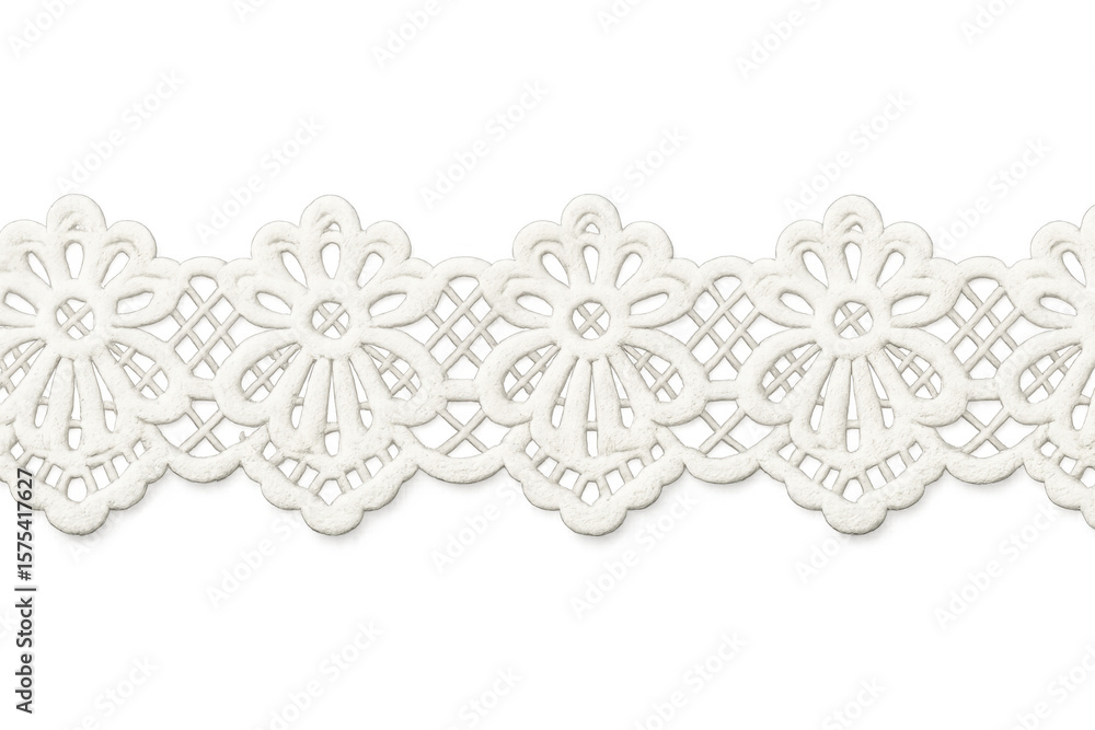 White lace ribbon with floral pattern creating an elegant and decorative border on a transparent background