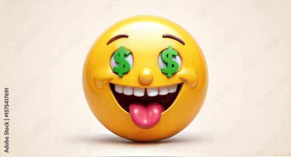 Fototapeta premium Rich smiley face with green dollar signs in its eyes