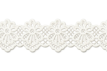 White lace ribbon with floral pattern creating an elegant and decorative border on a transparent background