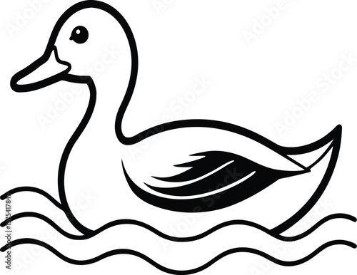 Duck Outline Vector – Black and White Line Art of Swimming Duck for Kids and Education