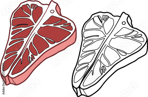 Vector art of two tbone steak illustrations, one in color and one in black and white isolated on white background